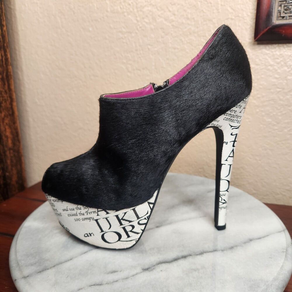 Shoes Of Prey Heels Womens 37  Black Platform Peep Toe Stiletto Typography